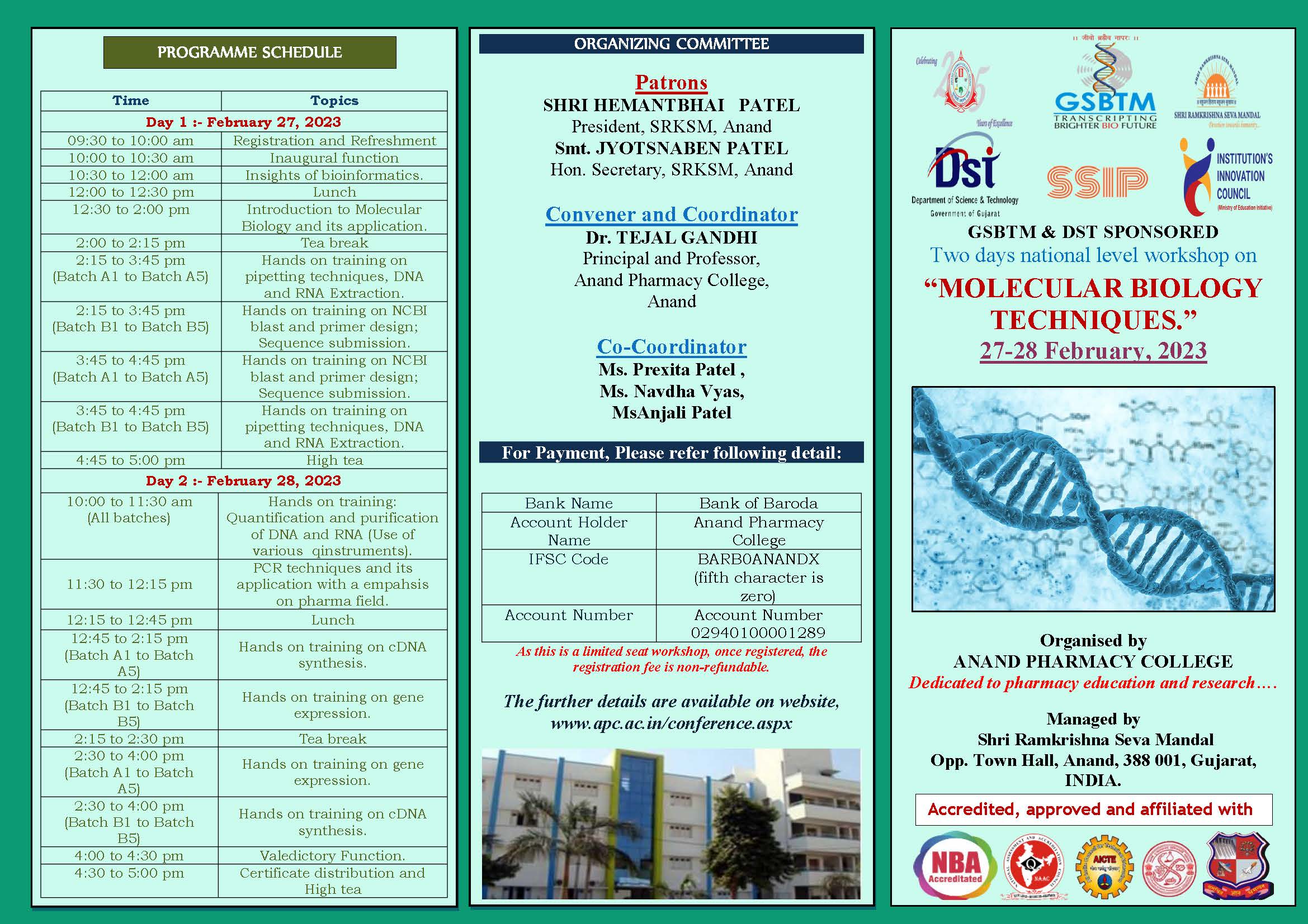 GSBTM DST SPONSORED Two Days National Level Workshop On MOLECULAR   Brochure  2   Mol. Biotech Page 2 